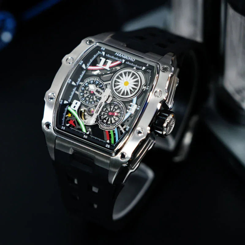 Motorsport-inspired luxury watch with bold skeleton dial, colorful accents, and robust case