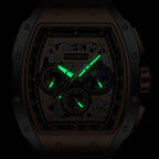 Motorsport-inspired skeleton watch with luminous green hands, chronograph subdials, and tachymeter.