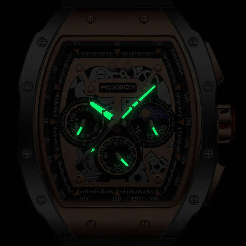 Motorsport-inspired skeleton watch with luminous green hands, chronograph subdials, and tachymeter.