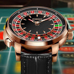 Luxury watch with roulette-inspired dial, rose gold case, and black leather strap, sport-luxury design