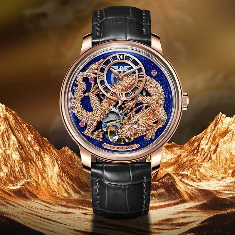 Luxury gold skeleton watch with detailed dragon design, blue dial, black leather strap, tourbillon movement, inspired by European sport-luxury timepieces.
