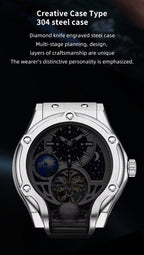 Luxury motorsport-inspired steel watch with skeleton dial, intricate gears, and celestial details.
