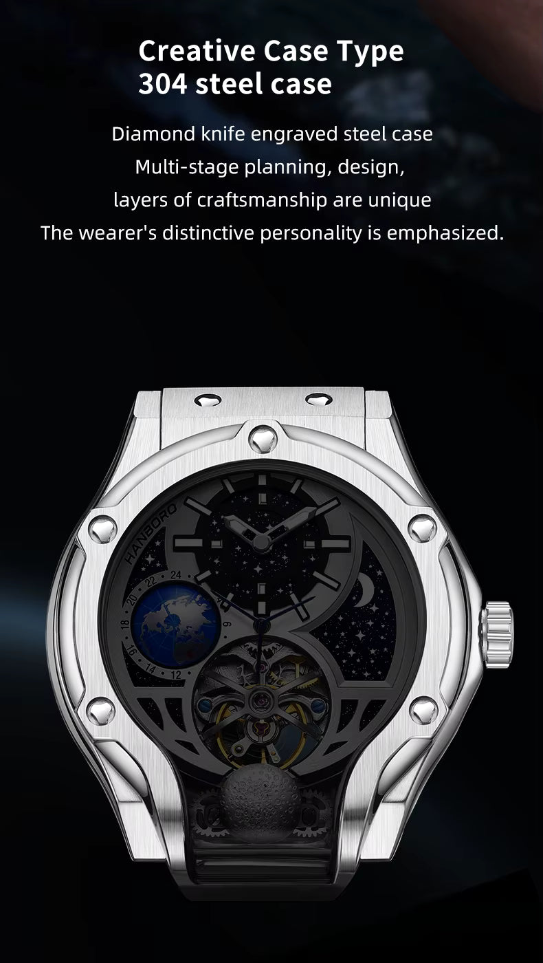 Luxury motorsport-inspired steel watch with skeleton dial, intricate gears, and celestial details.