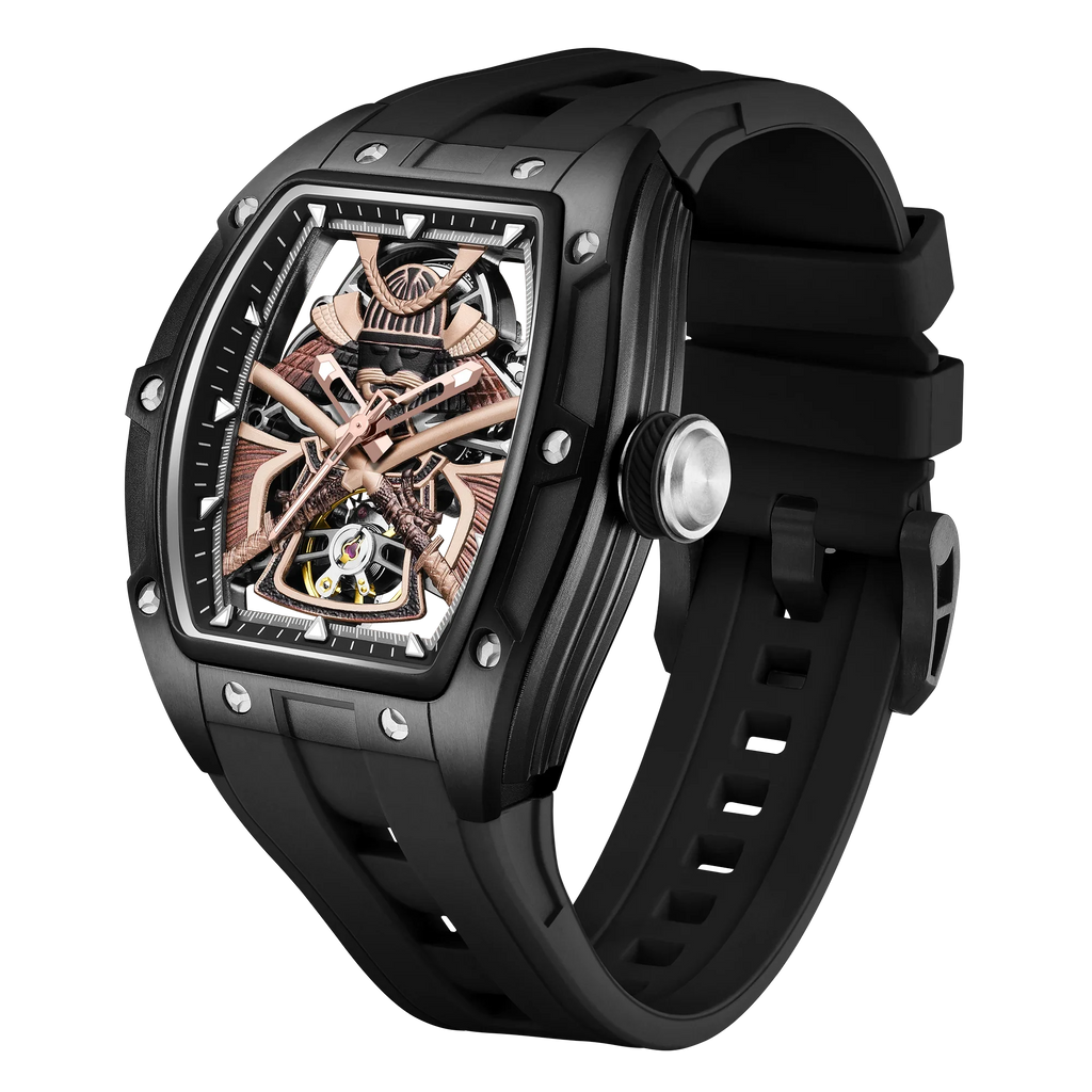 Motorsport-inspired luxury watch with skeleton dial, rose gold accents, black rubber strap