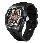 Motorsport-inspired luxury watch with skeleton dial, rose gold accents, black rubber strap