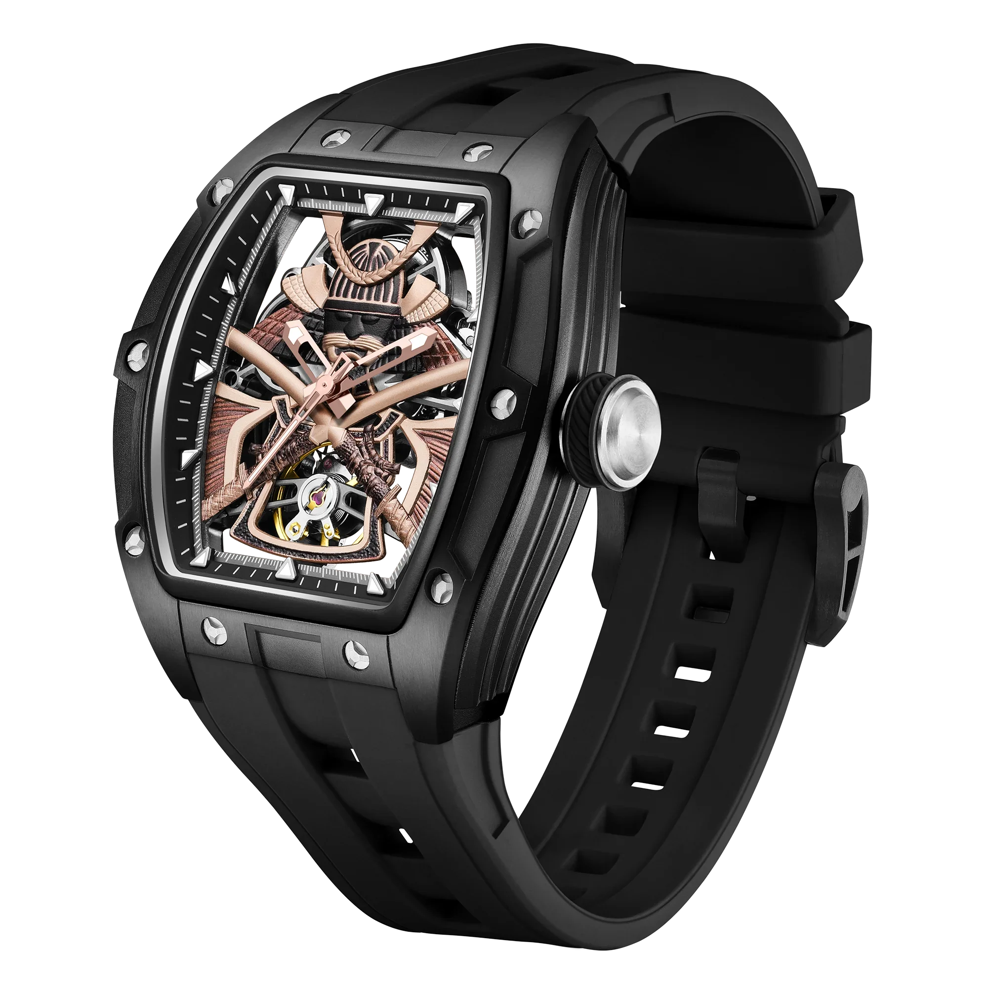 Motorsport-inspired luxury watch with skeleton dial, rose gold accents, black rubber strap