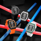 Four motorsport-inspired luxury sport watches with bold colored straps and skeleton dials