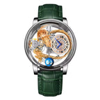 Luxury sports watch with green leather strap, openwork gold dragon dial, mechanical movement.