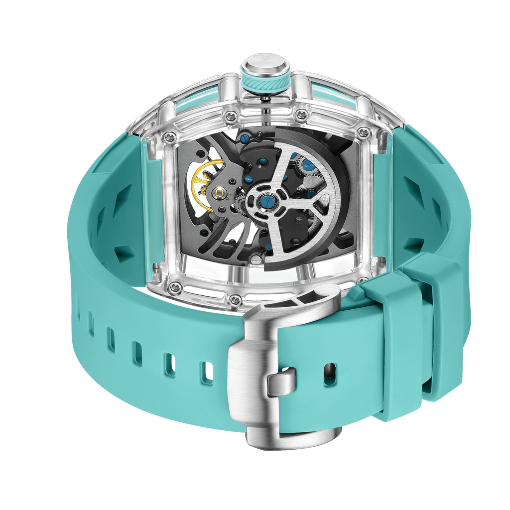 Luxury motorsport-inspired skeleton watch with turquoise rubber strap and visible movement