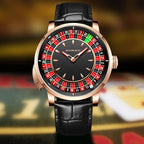 Luxury watch with roulette-inspired dial, gold case, and black leather strap, motorsport style