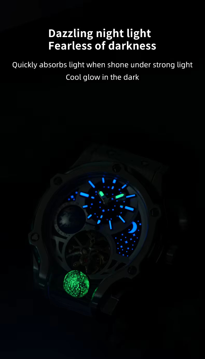 Motorsport-inspired luxury watch with luminous blue and green dial accents glowing in the dark
