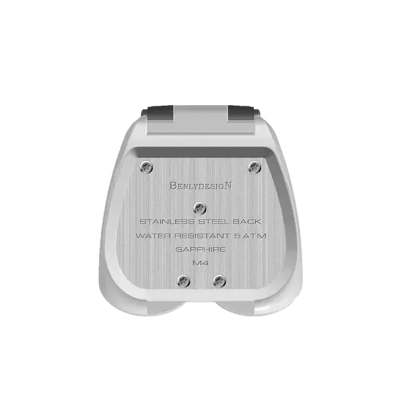 Stainless steel watch caseback with brushed finish, water resistance and sapphire marking