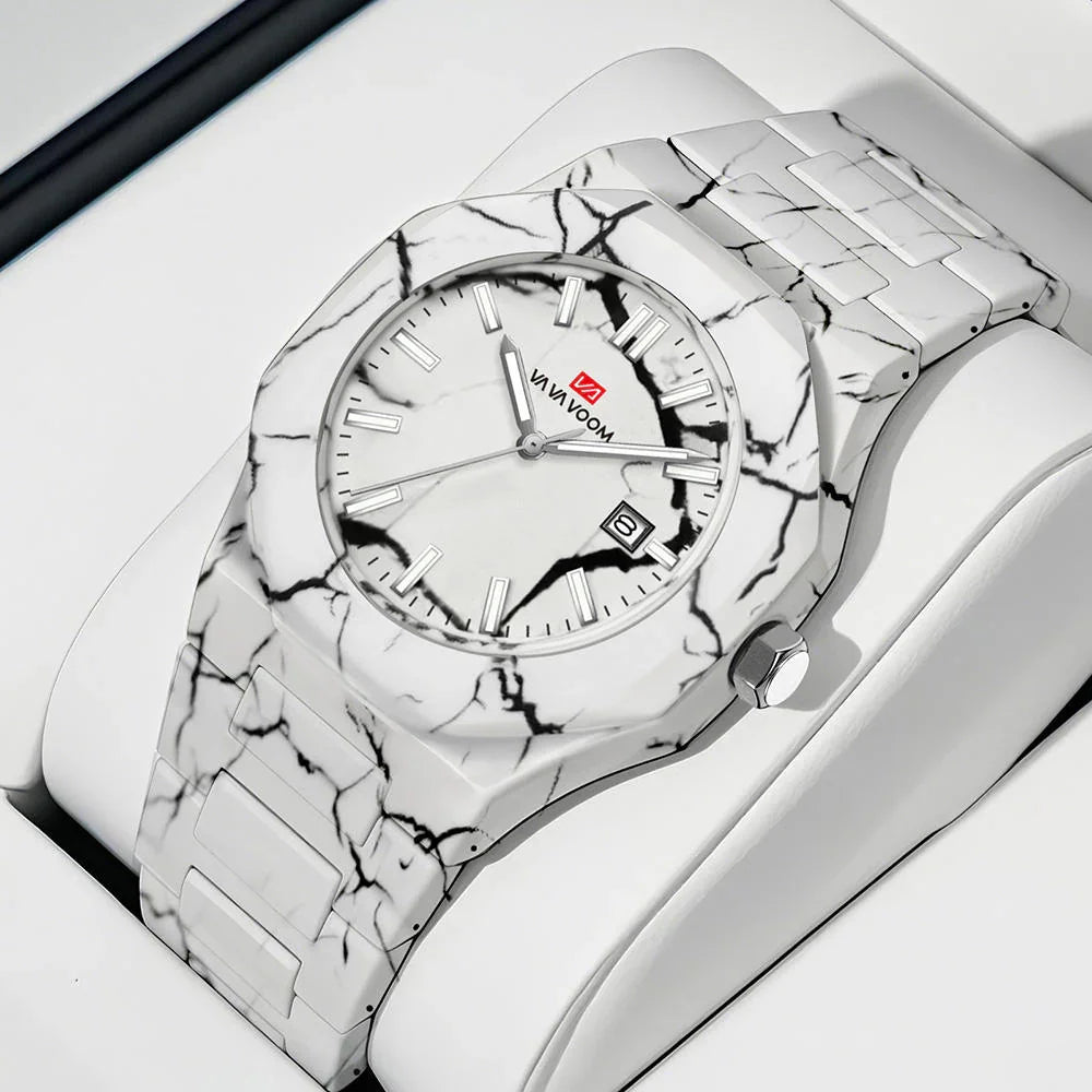 Luxury sport-inspired watch with white marble-pattern case, bold dial, and date display