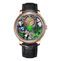 Luxury sport-inspired watch with panda motif, green bamboo details, skeleton dial, black leather strap