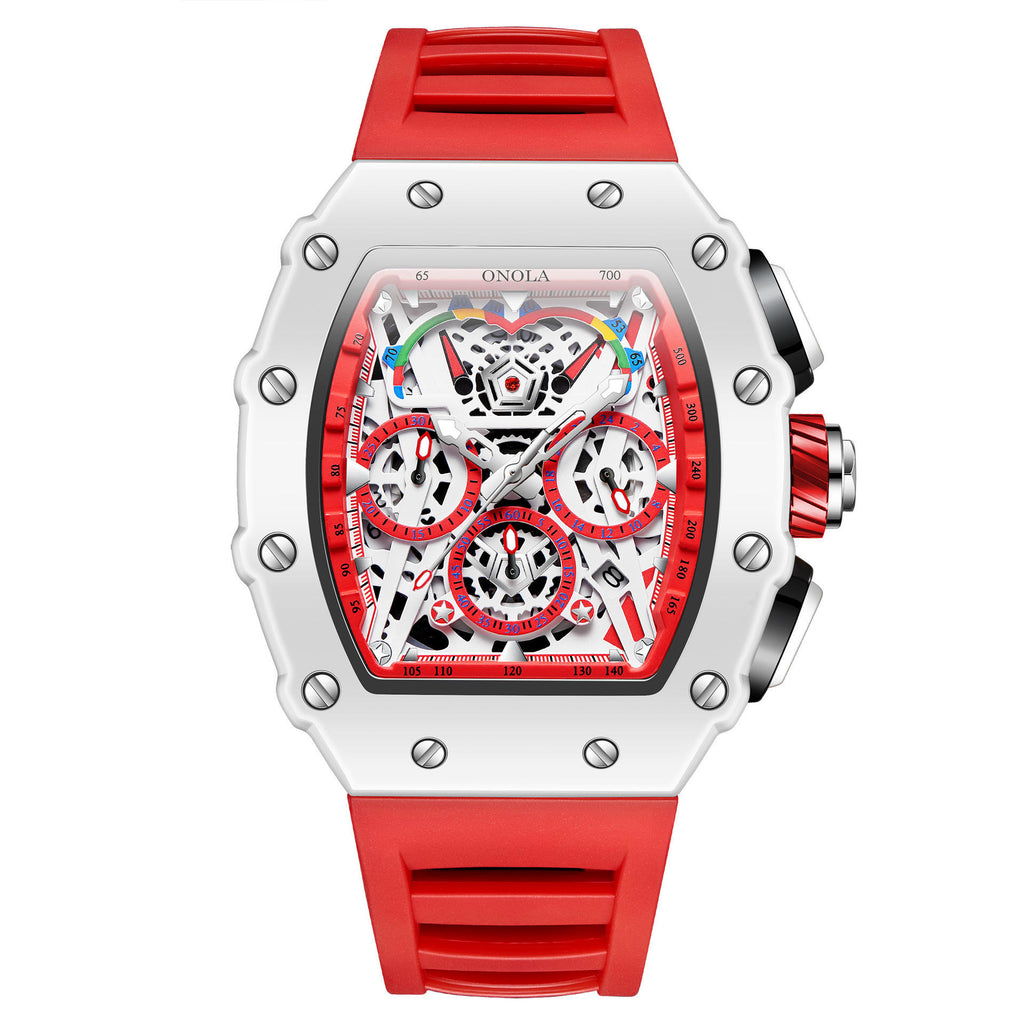 Motorsport-inspired skeleton chronograph watch with red rubber strap and bold white case