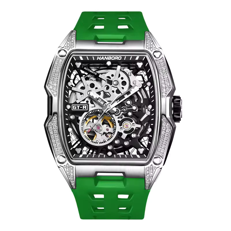 Motorsport-inspired skeleton watch with tonneau case, green band, and diamond accents