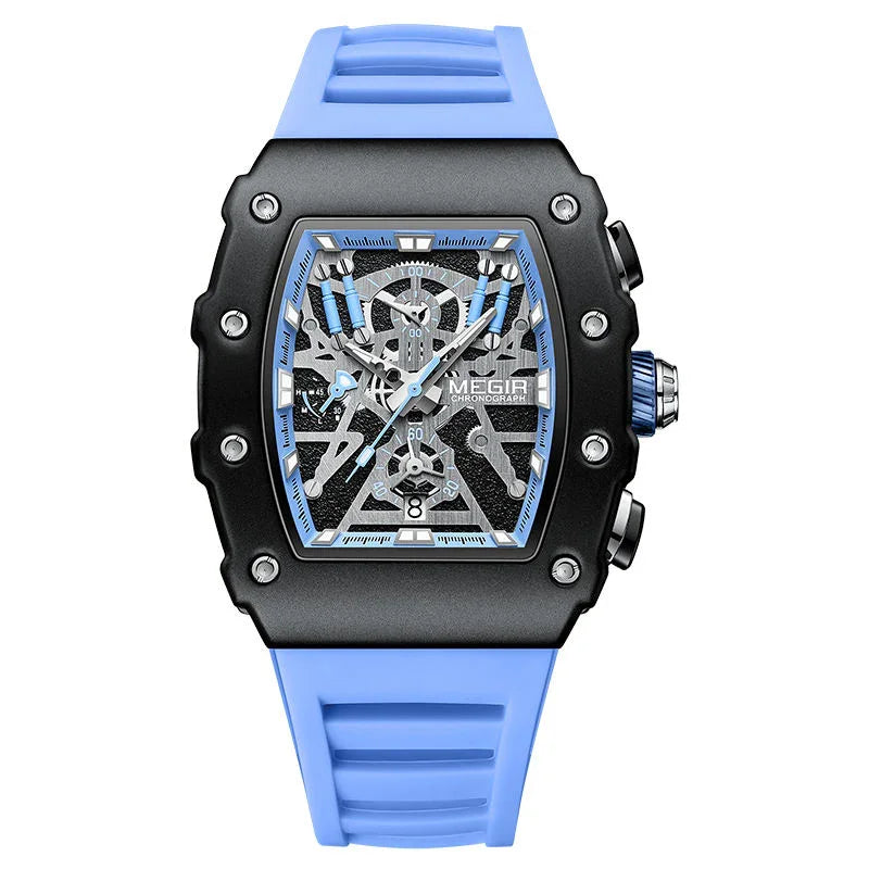 Motorsport-inspired skeleton dial watch with blue strap, bold case, and chronograph features