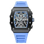 Motorsport-inspired skeleton dial watch with blue strap, bold case, and chronograph features