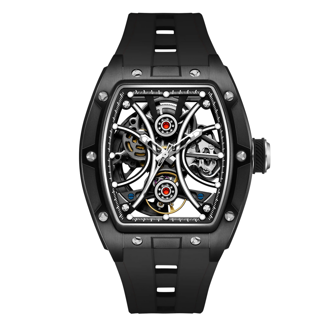 Luxury skeleton sport watch with tonneau case, exposed mechanics, and black rubber strap