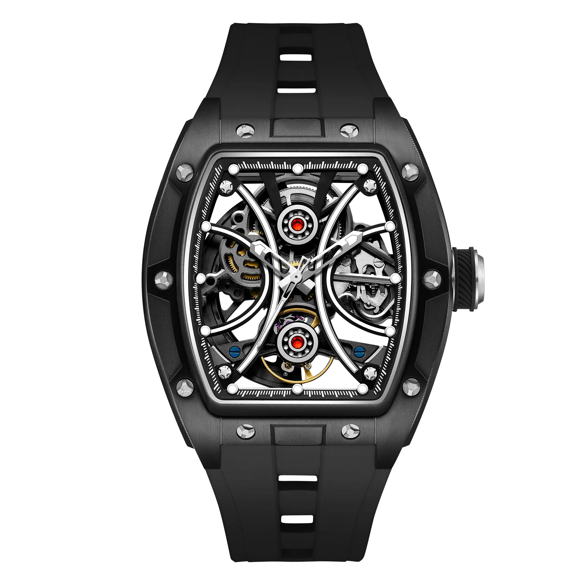 Luxury skeleton sport watch with tonneau case, exposed mechanics, and black rubber strap