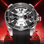 Luxury racing-inspired automatic chronograph watch with bold dial, black bezel, sporty red car.