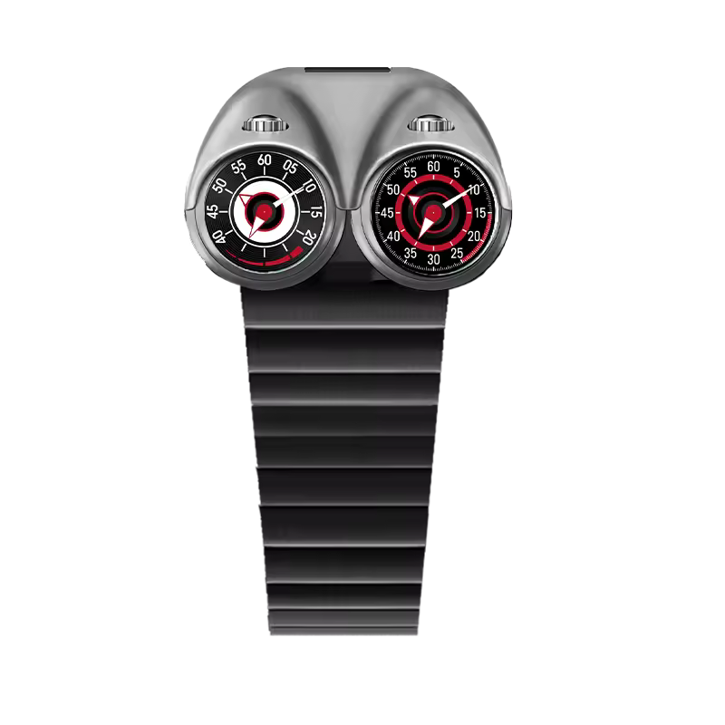 Dual-dial motorsport-inspired luxury watch with bold black strap and racing details