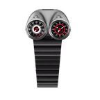 Dual-dial motorsport-inspired luxury watch with bold black strap and racing details