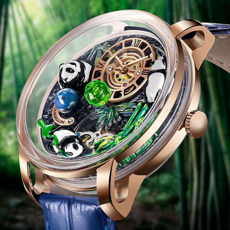 Luxury rose gold wristwatch with panda and bamboo dial, inspired by motorsport design