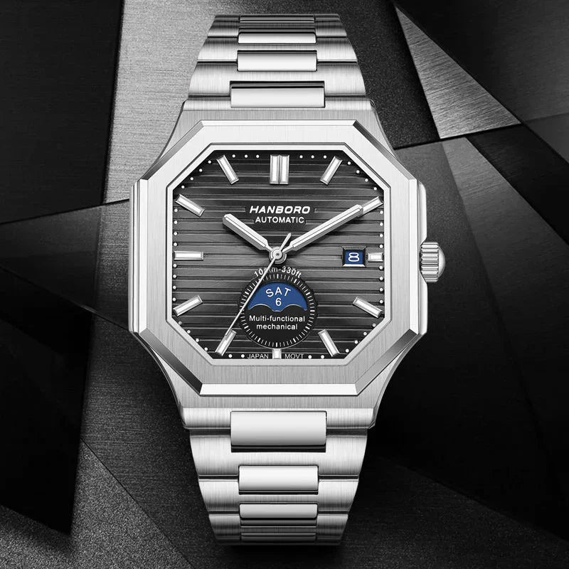 Stainless steel octagonal watch with black dial, blue subdial, day-date display, and racing-inspired design