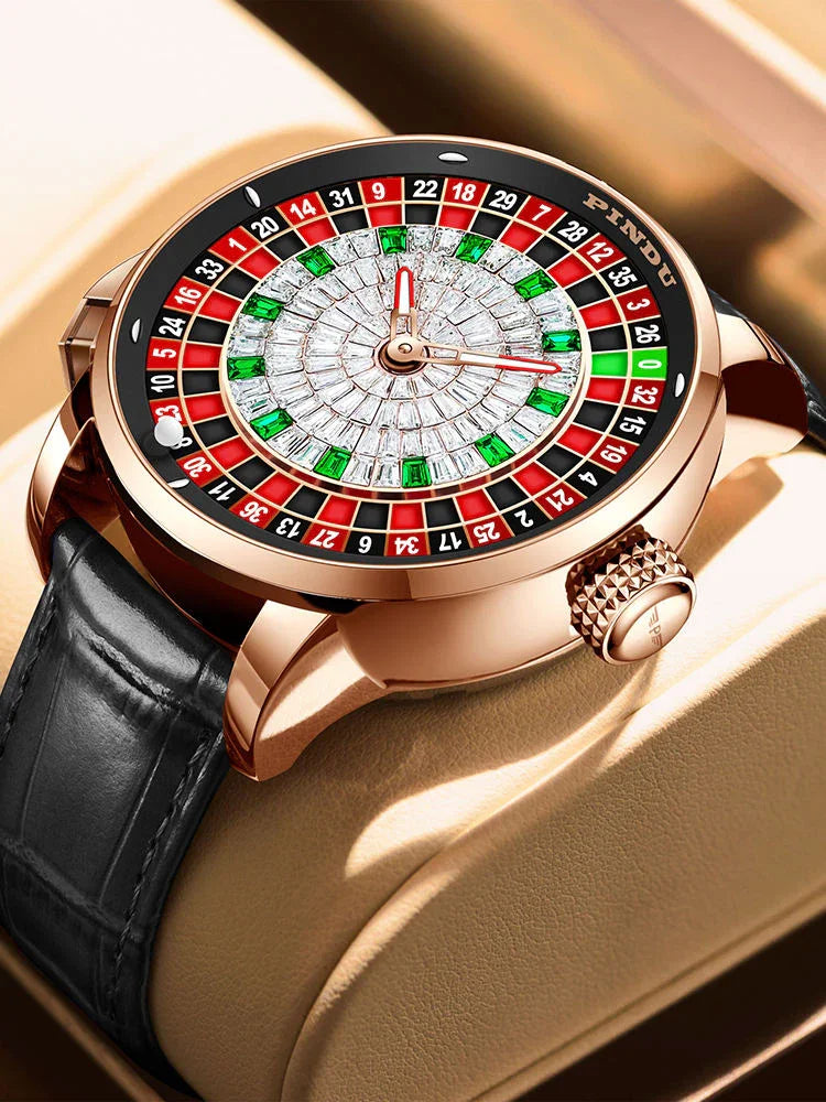 Luxury sport watch with rose gold case, roulette-inspired dial, green and red accents, black leather strap
