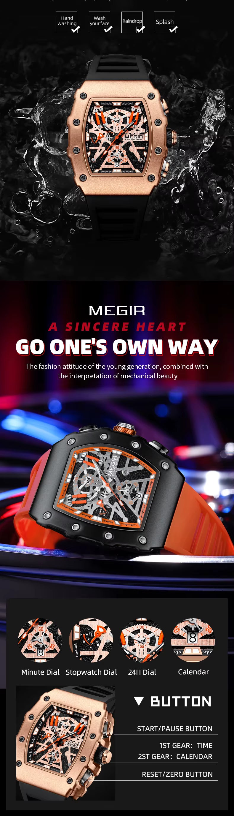Luxury motorsport-inspired skeleton dial watch with bold orange accents, multi-function chronograph, and sporty case design