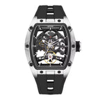 Skeleton dial racing-inspired sport-luxury watch with tonneau case and black rubber strap
