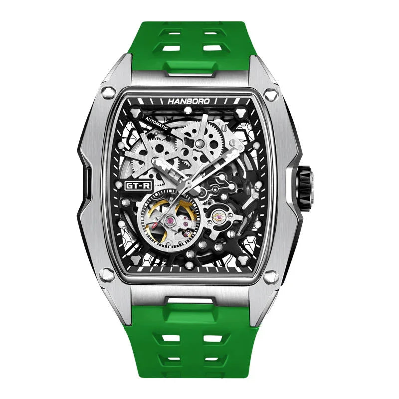 Motorsport-inspired skeleton automatic watch with green rubber strap and exposed gears