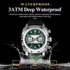 Luxury chronograph watch with green dial, 3ATM waterproof, ideal for rain, hand washing, car washing