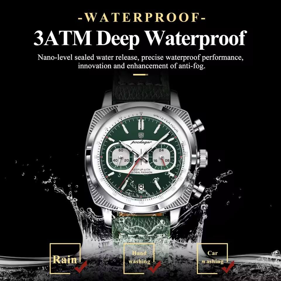 Luxury chronograph watch with green dial, 3ATM waterproof, ideal for rain, hand washing, car washing