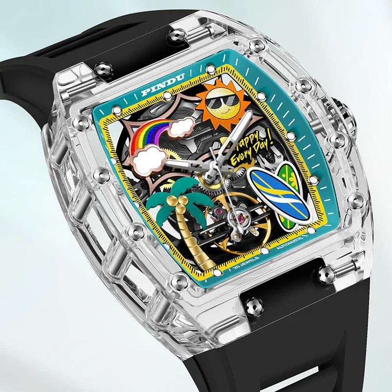 Luxury sport-inspired watch with transparent case, black strap, and colorful tropical dial