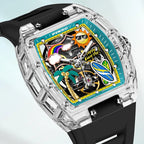 Luxury sport-inspired watch with transparent case, black strap, and colorful tropical dial
