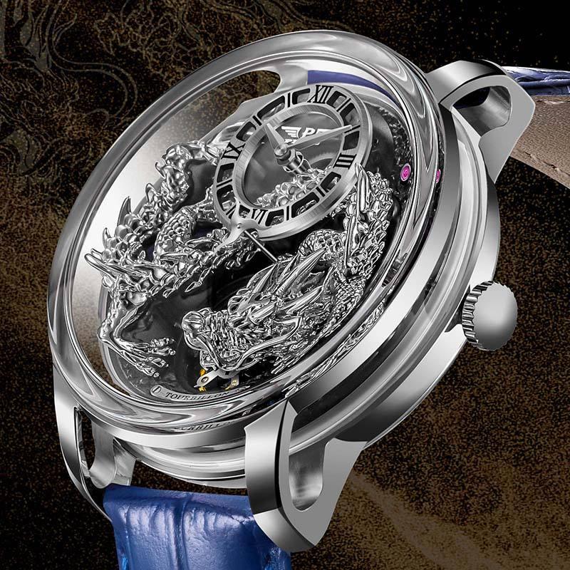 Luxury skeleton watch with silver 3D dragon design, blue leather strap, motorsport-inspired style
