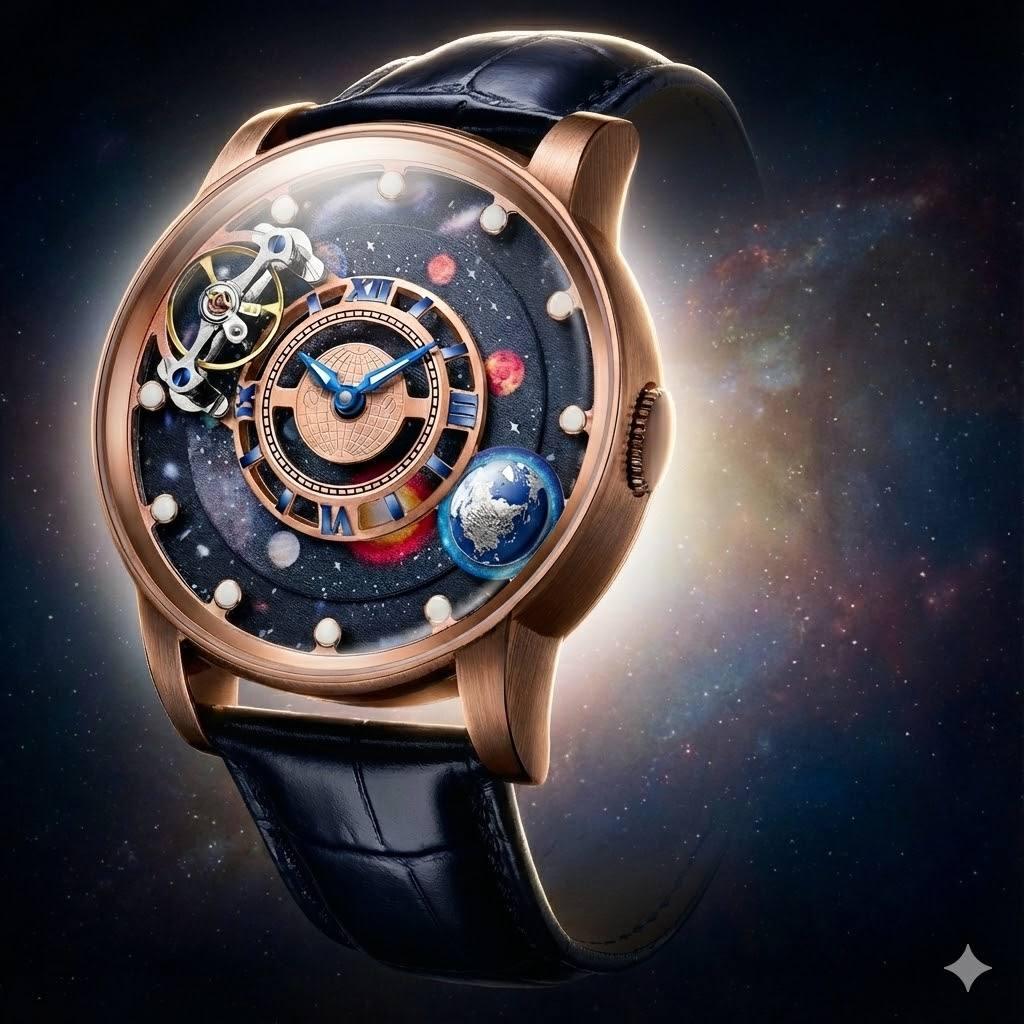 Luxury sport-inspired watch with celestial dial, rose gold case, and black leather strap