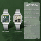 Two racing-inspired sport-luxury watches with square dials, metal straps, and motorsport dashboard design.