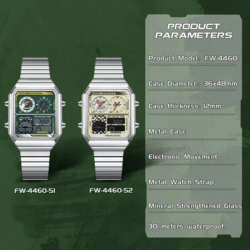 Two racing-inspired sport-luxury watches with square dials, metal straps, and motorsport dashboard design.