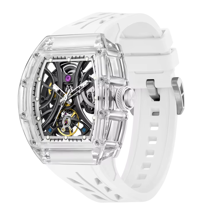 Luxury skeleton watch with transparent case, white strap, and motorsport-inspired design