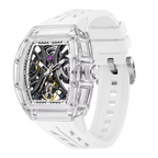 Luxury skeleton watch with transparent case, white strap, and motorsport-inspired design