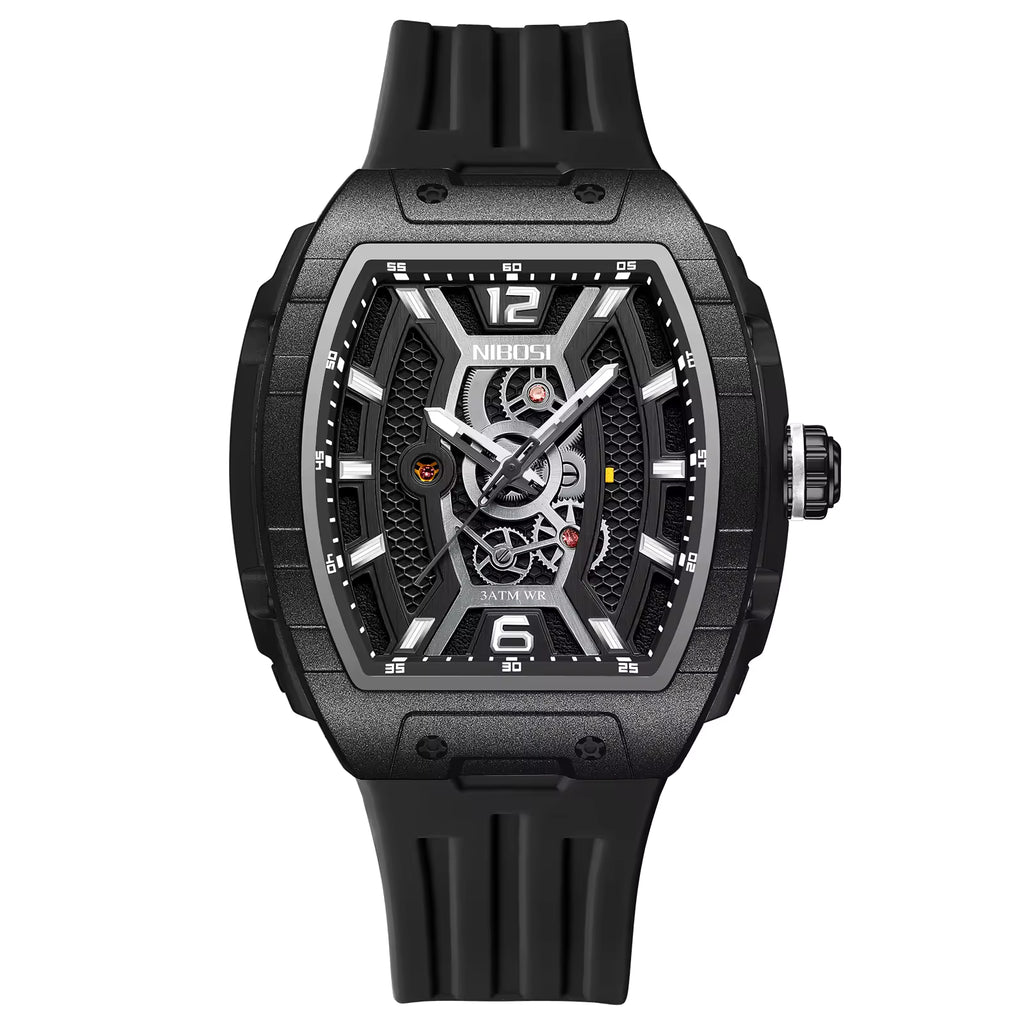 Motorsport-inspired luxury watch with black tonneau case, skeleton dial, and sporty strap