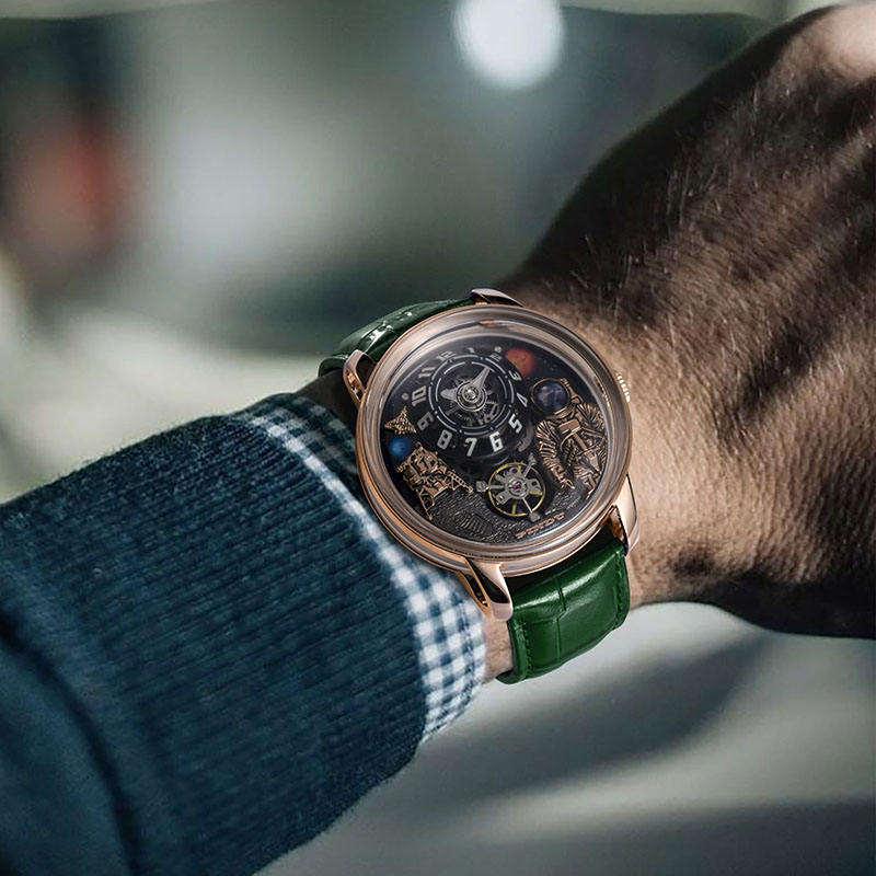 Luxury motorsport-inspired watch with green leather strap, open-worked dial, and bold numerals