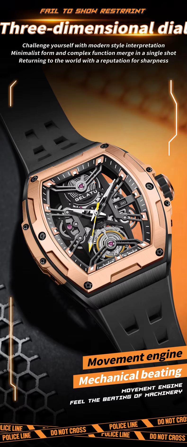 Luxury racing-inspired skeleton watch with rose gold case, black rubber strap, and exposed mechanical movement.