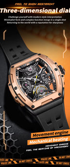 Luxury racing-inspired skeleton watch with rose gold case, black rubber strap, and exposed mechanical movement.
