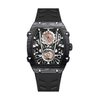 Motorsport-inspired luxury watch with exposed skeleton dial, black case, and rubber strap