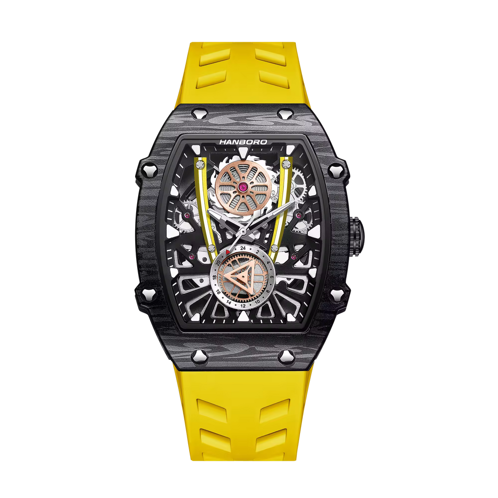 Luxury motorsport-inspired skeleton dial watch with black tonneau case and yellow rubber strap
