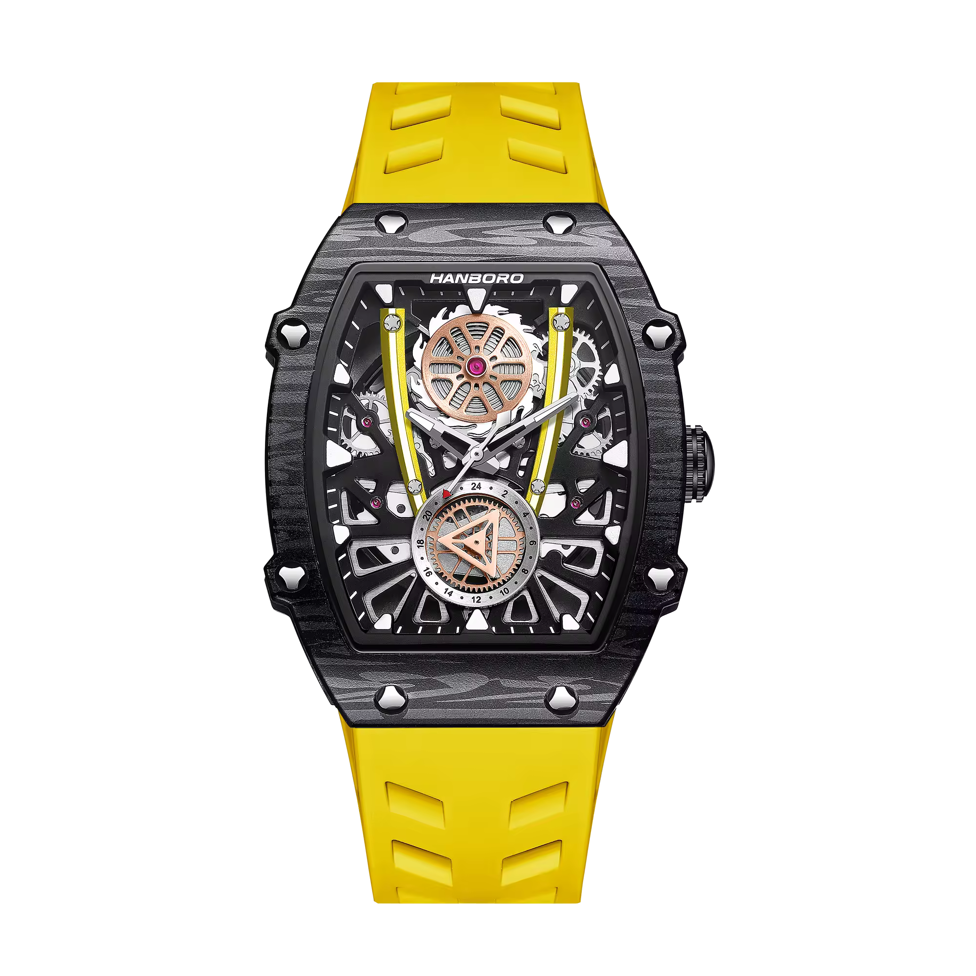 Luxury motorsport-inspired skeleton dial watch with black tonneau case and yellow rubber strap